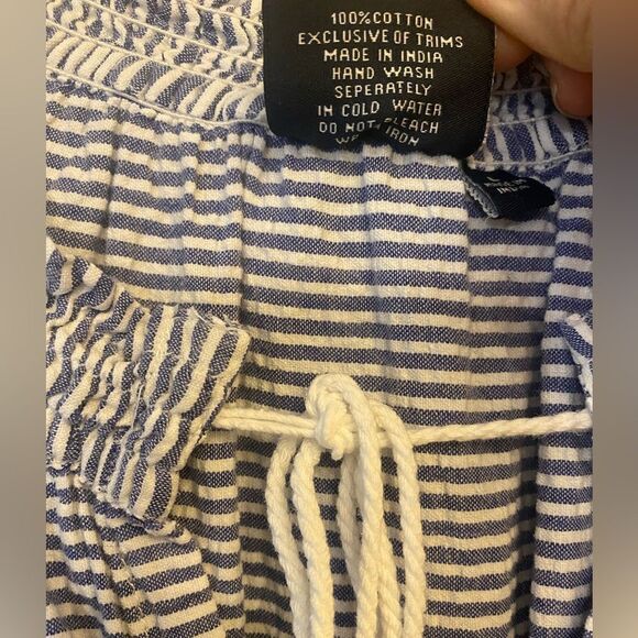 Madison Mathews Sz L Blue White Cotton Front Tie Relaxed Peplum Dress - Picture 5 of 8